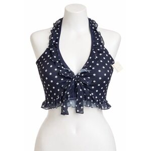 Pretty‎ Rebel Polka Dot Halter Crop Top Tie Front Navy White Size L NWT